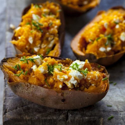 Instant Pot Baked Sweet Potato is upon us. Not just Instant Pot Baked Sweet Potato but one that is loaded with feta cheese and chives.