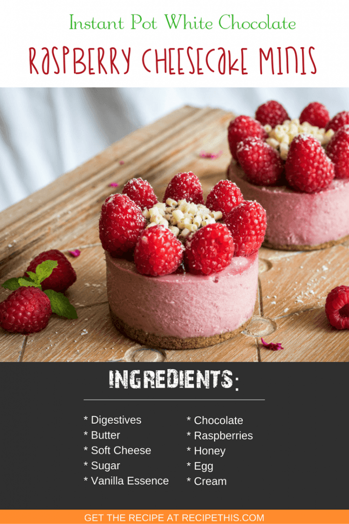 Instant Pot | Instant Pot White Chocolate Raspberry Cheesecake Minis recipe from RecipeThis.com