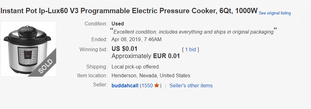 Instant Pot on Ebay - 1 cent instant pot